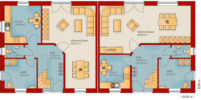 Der Grundriss vom Erdgeschoss vom Doppelhaus 140-1