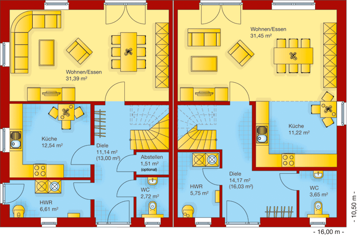 Der Grundriss vom Erdgeschoss vom Doppelhaus 140-2