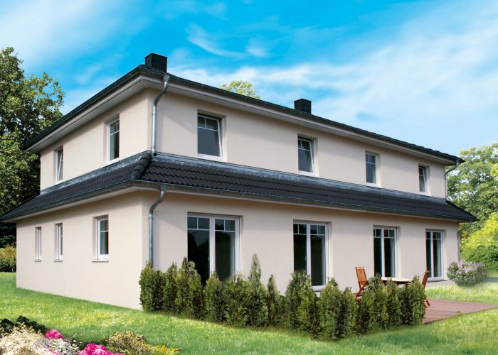 weisse Villa Toskana verputzt von Team Massivhaus mit anthrazit farbenden Dach